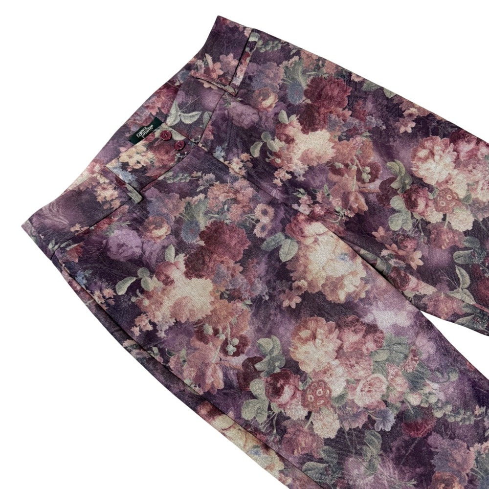 Karen Kane Lifestyle Womens Floral Pants Sz 10 Purple Stretch Wide Leg Trouser